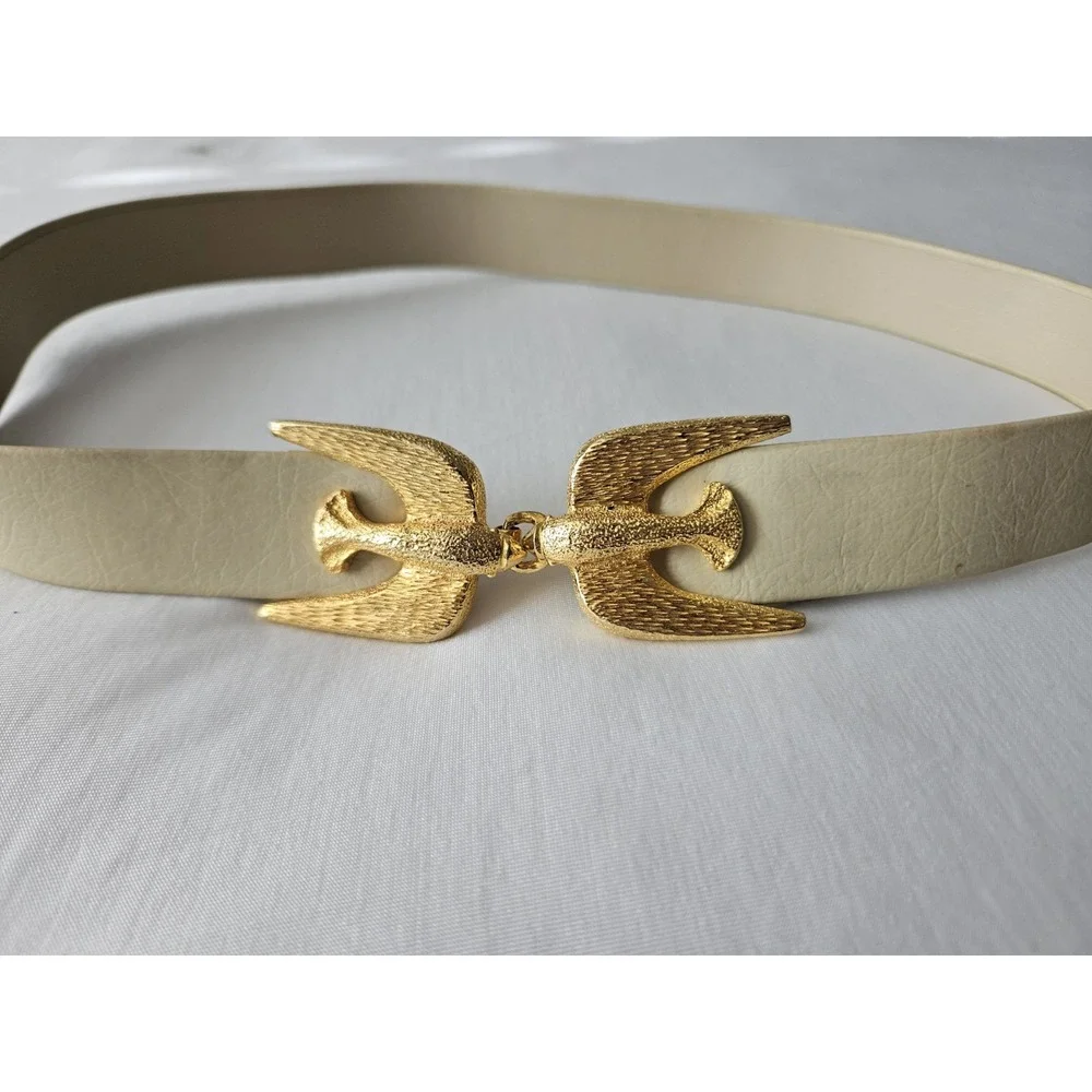Vtg 1973 Mimi Di N Ivory Cream Leather Gold Buckle Love Birds Sparrows Belt - Picture 2 of 12